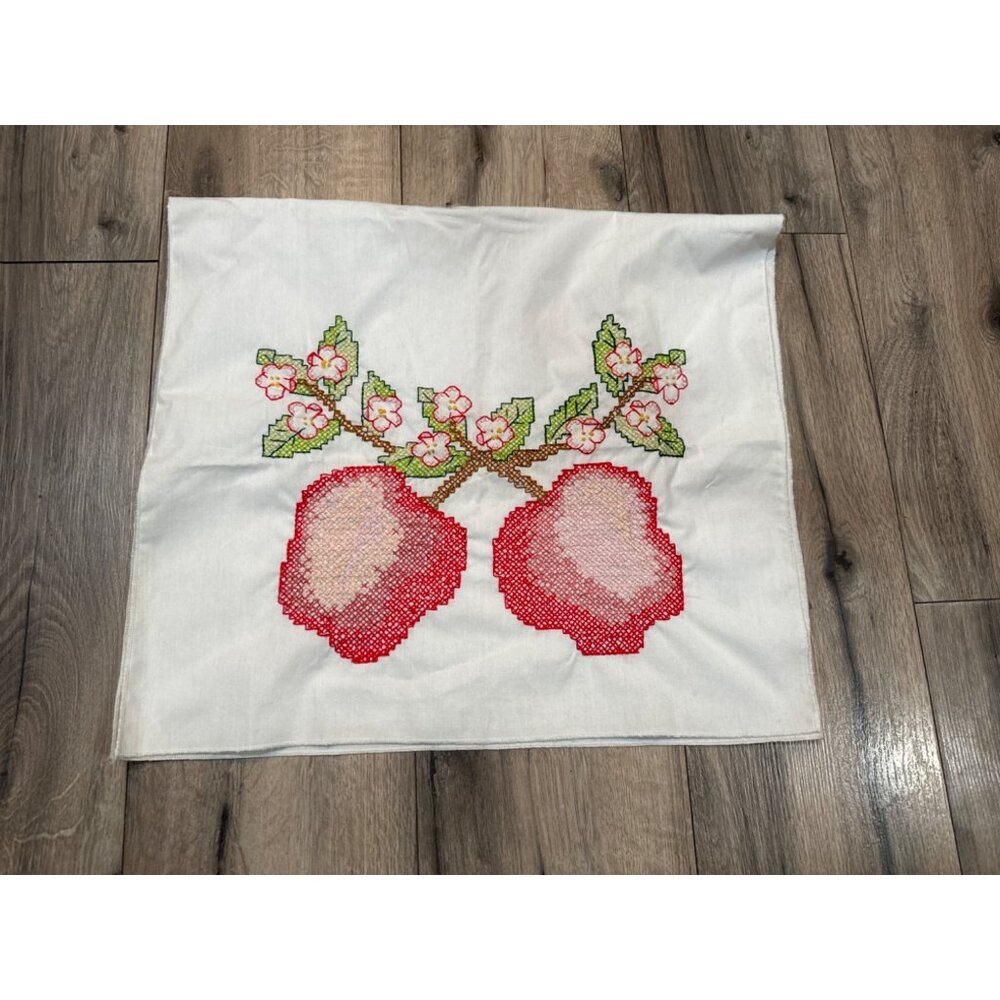 Handmade Embroidered Apple Blossoms Floral Cotton Table Runner Wall Hanging 30"